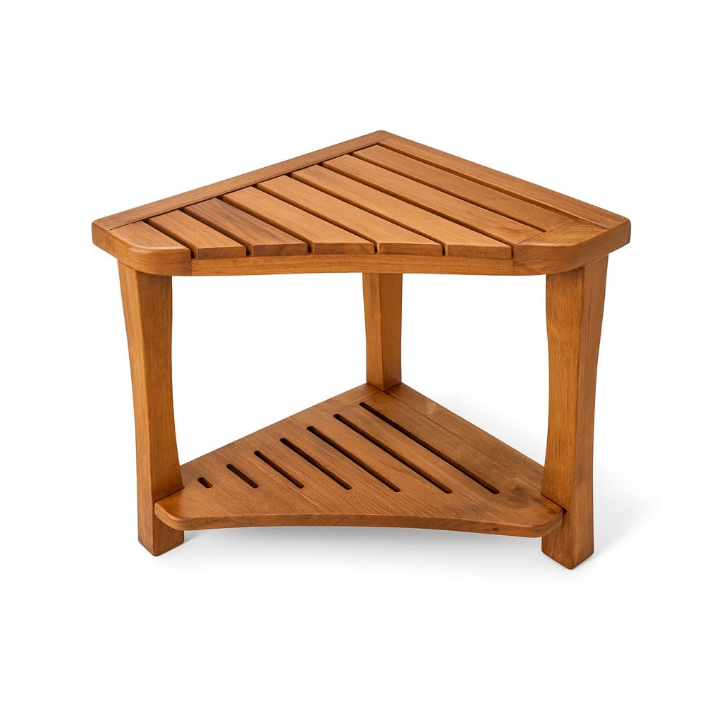 Teak Corner Shower Bench with Storage Shelf Q87459