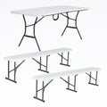 White Granite Fold-in-Half Table with 2 Folding Benches U183428