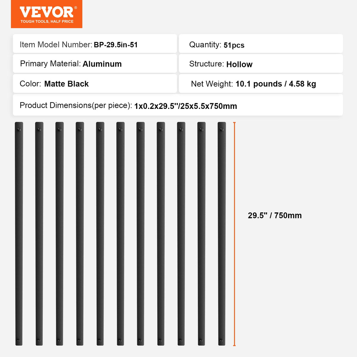 29.5"x1" Flat Aluminum Alloy 51 Pack Satin Black Metal Balusters O262