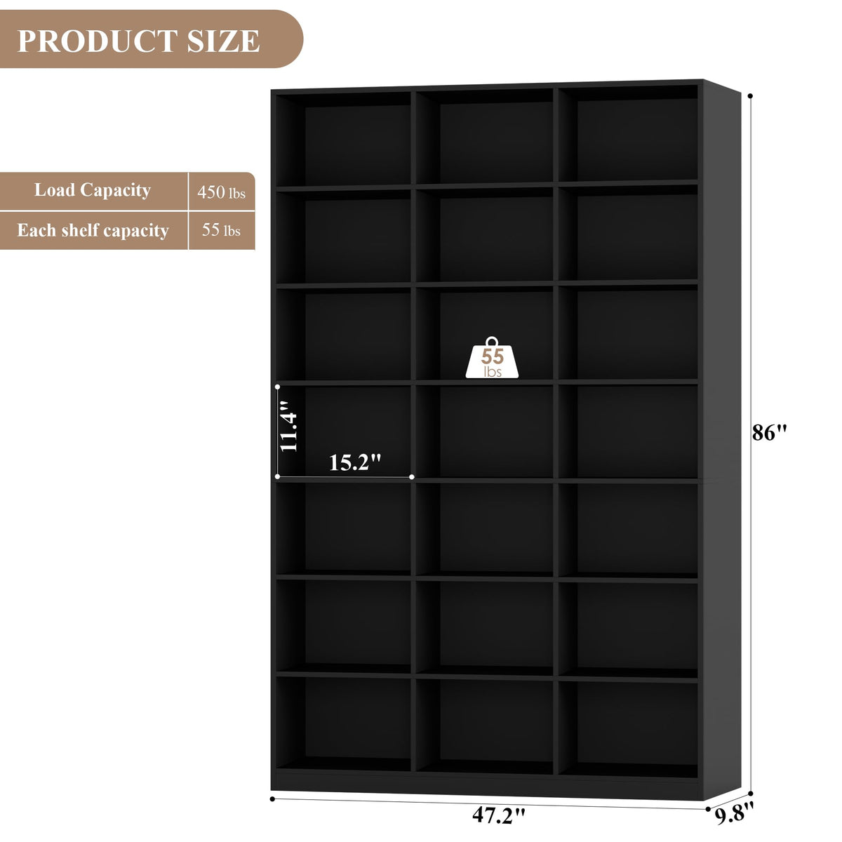 86" Triple Wide Black Bookshelf and Bookcase R925034
