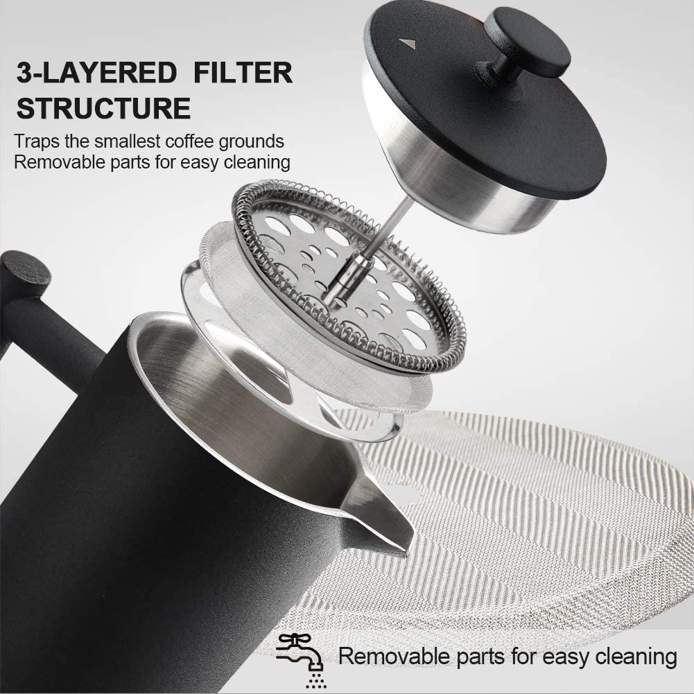 French Press Coffee Maker, 304 Grade Stainless Steel Insulated, 34oz, Black M42109