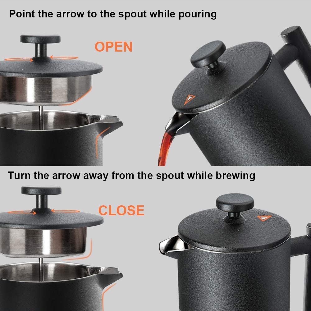 French Press Coffee Maker, 304 Grade Stainless Steel Insulated, 34oz, Black M42109