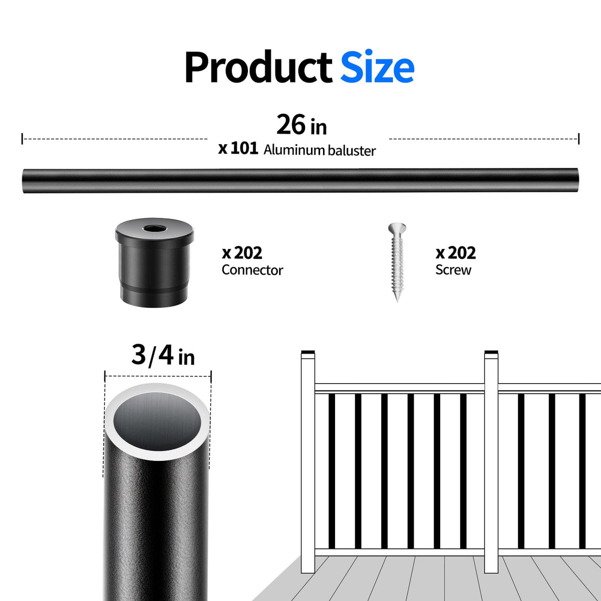 101 Pack 26" x 3/4" Black Round Aluminum Balusters A705555