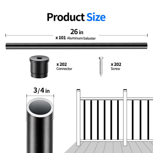 101 Pack 26" x 3/4" Black Round Aluminum Balusters A705555