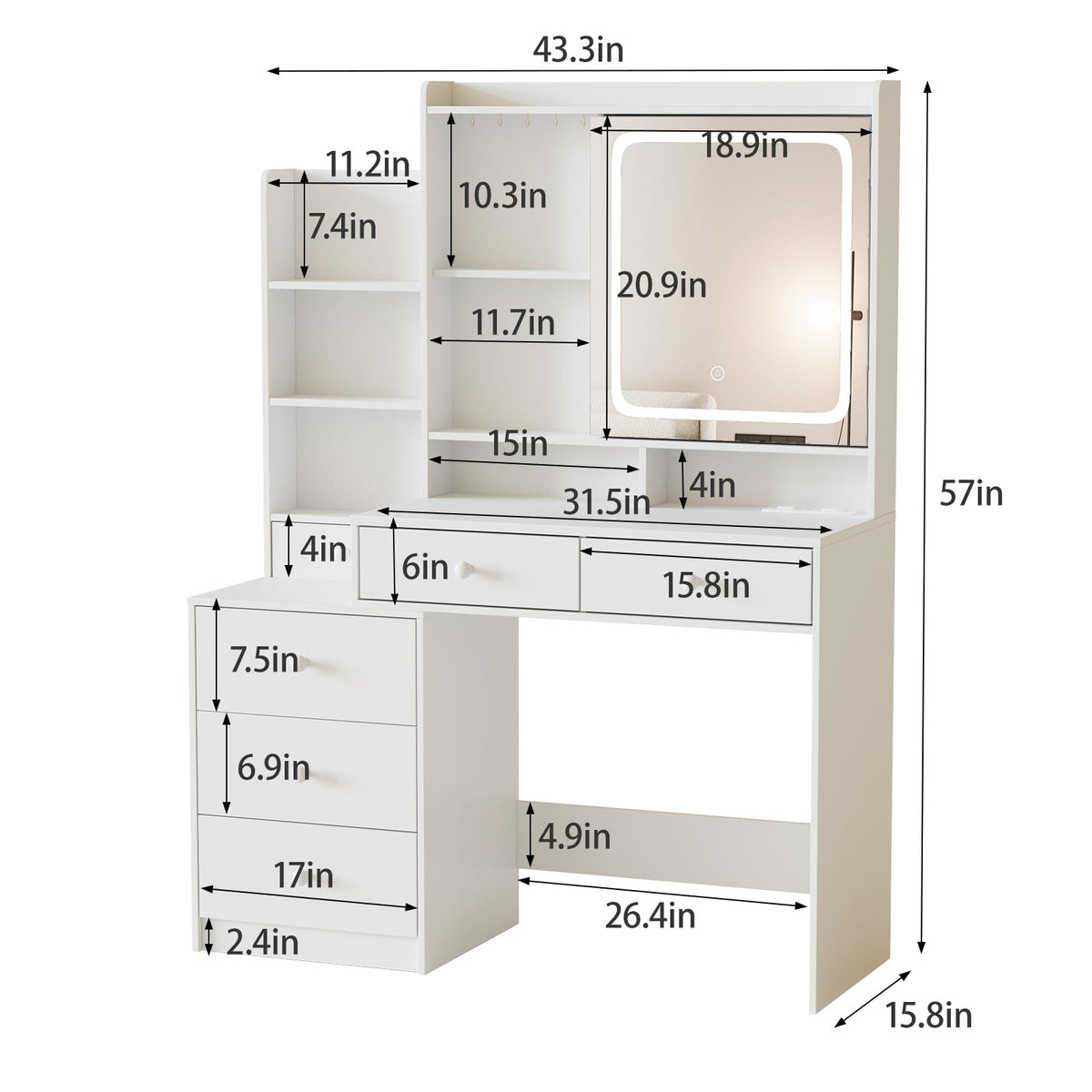 White Vanity Desk with Lighted Mirror and 6 Drawers J649119