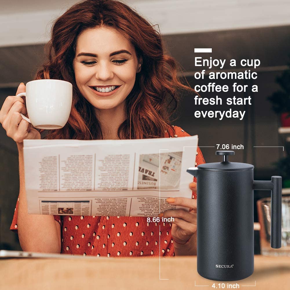 French Press Coffee Maker, 304 Grade Stainless Steel Insulated, 34oz, Black M42109
