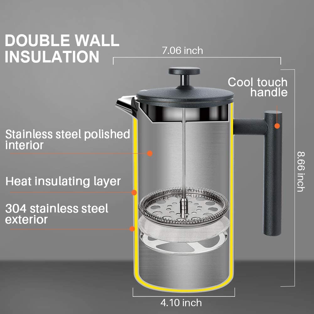 French Press Coffee Maker, 304 Grade Stainless Steel Insulated, 34oz, Black M42109