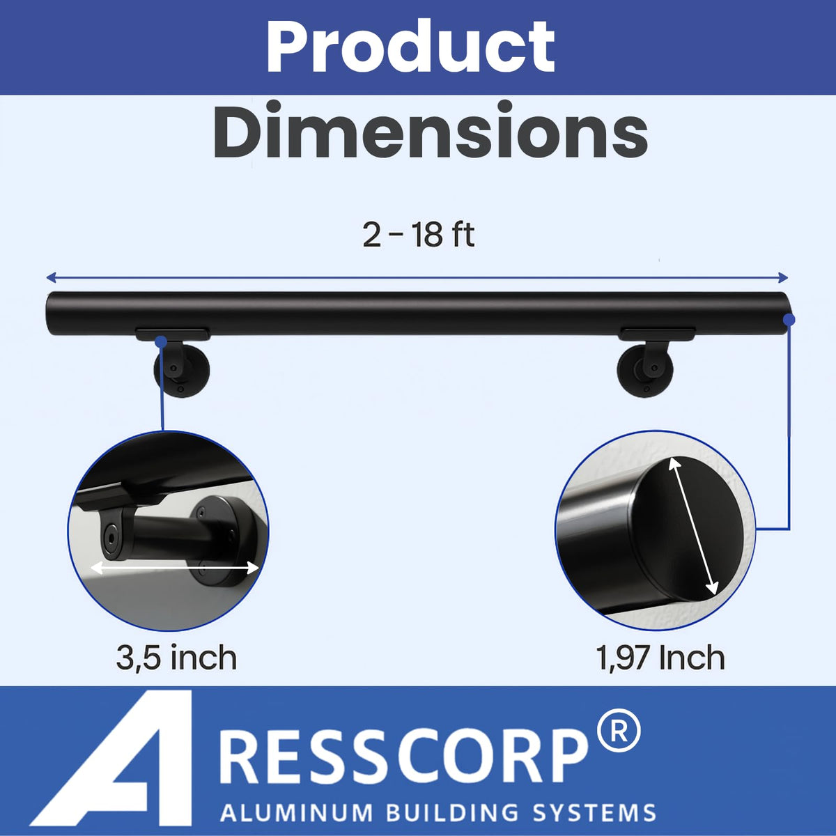 6FT Aluminum Handrail Kit Matte Black J879073