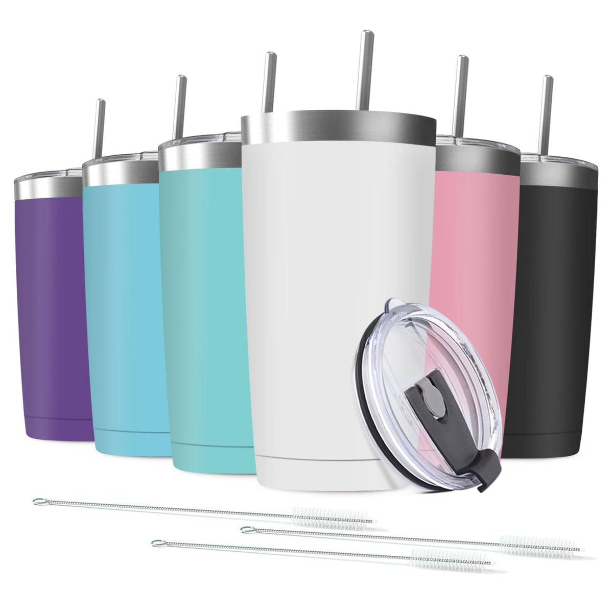 6 Pack 20 oz Stainless Steel Insulated Tumbler with Straw and Lid U102