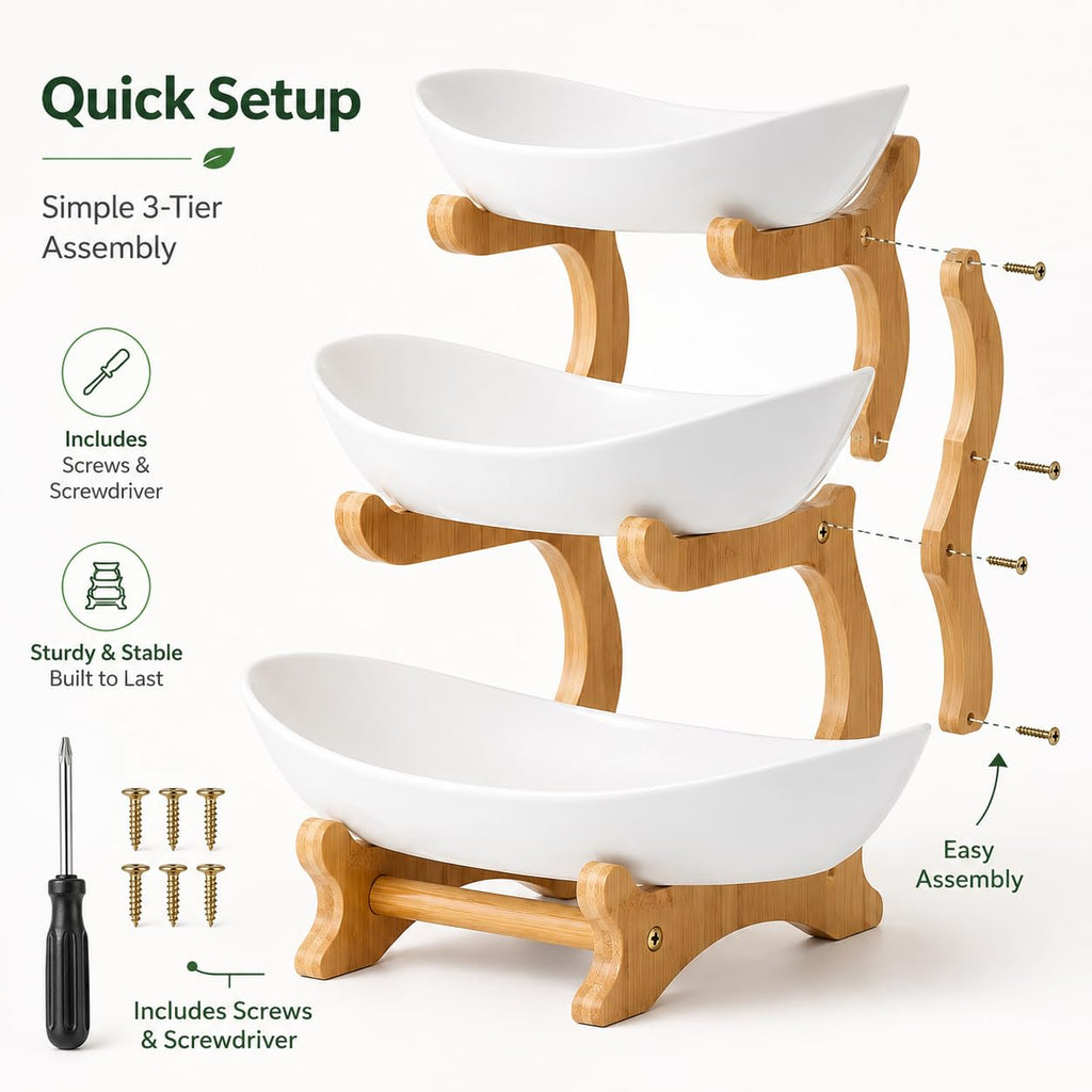 3-Tier Plastic Fruit Bowl Basket with Bamboo Stand L40519