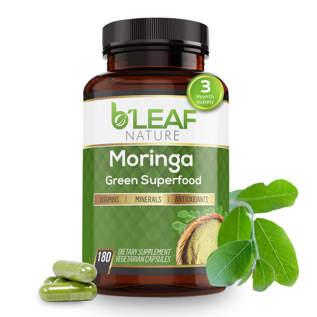 Moringa Leaf Vegan Capsules 1000mg 180 Count E961