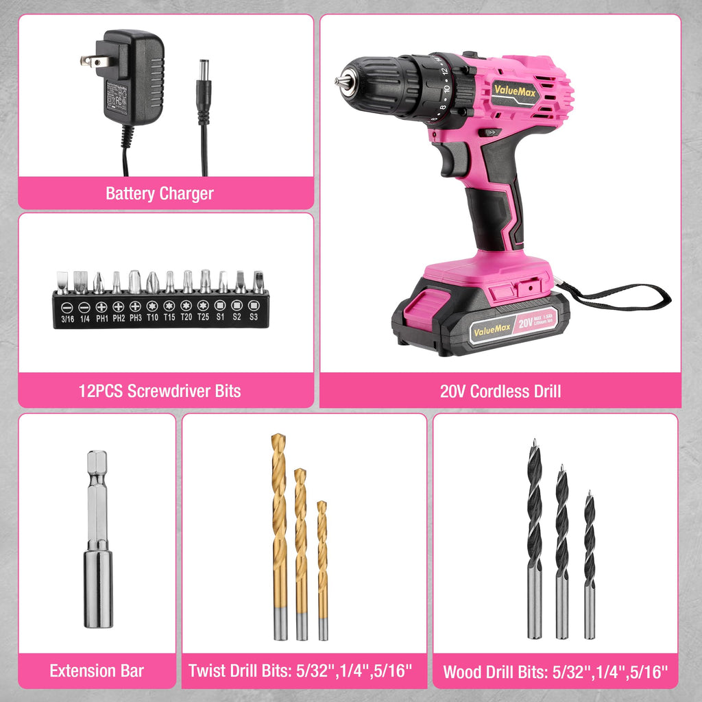Pink 20V Cordless Drill Set with Battery and Charger J19669