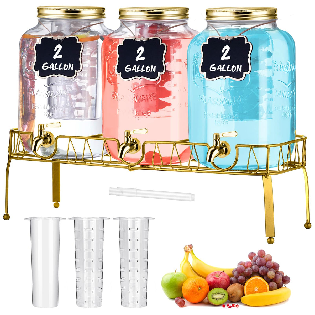 3 Pcs 2 Gallon Glass Drink Dispenser with Stand and Lid N97613