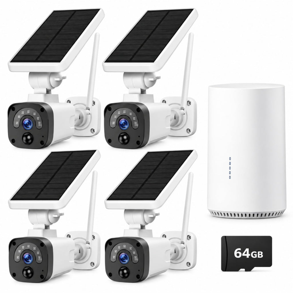 Solar Security Cameras Wireless Outdoor System 4-Cam 2.5K 64GB SD E804918
