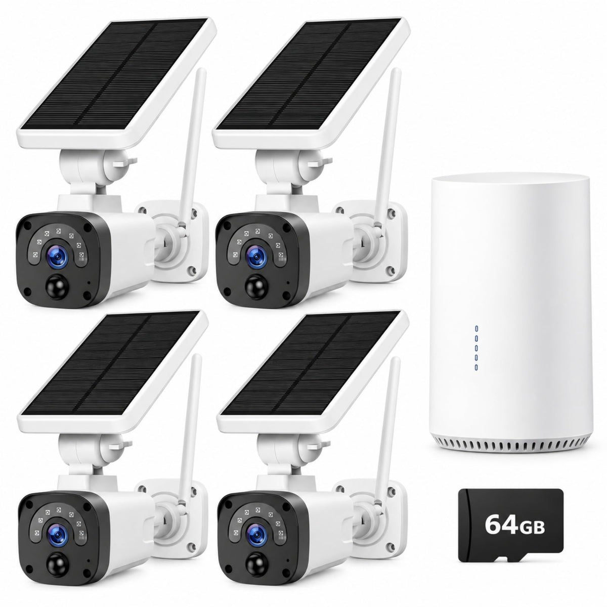 Solar Security Cameras Wireless Outdoor System 4-Cam 2.5K 64GB SD E804918
