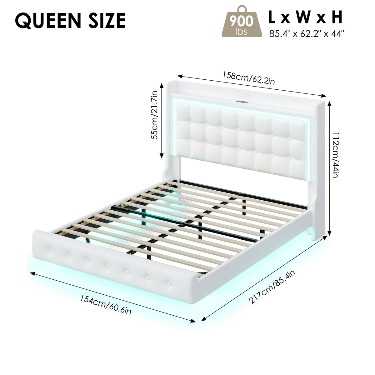 Queen Floating Bed Frame with Storage Headboard, LED Lights & Charging Station M5895