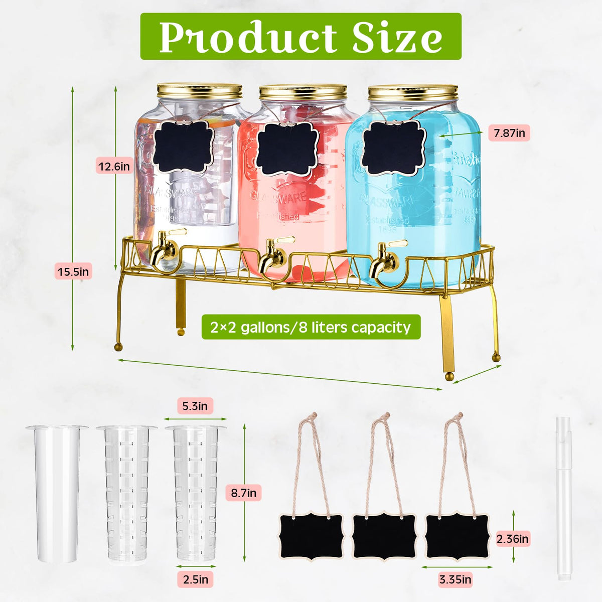 3 Pcs 2 Gallon Glass Drink Dispenser with Stand and Lid N97613