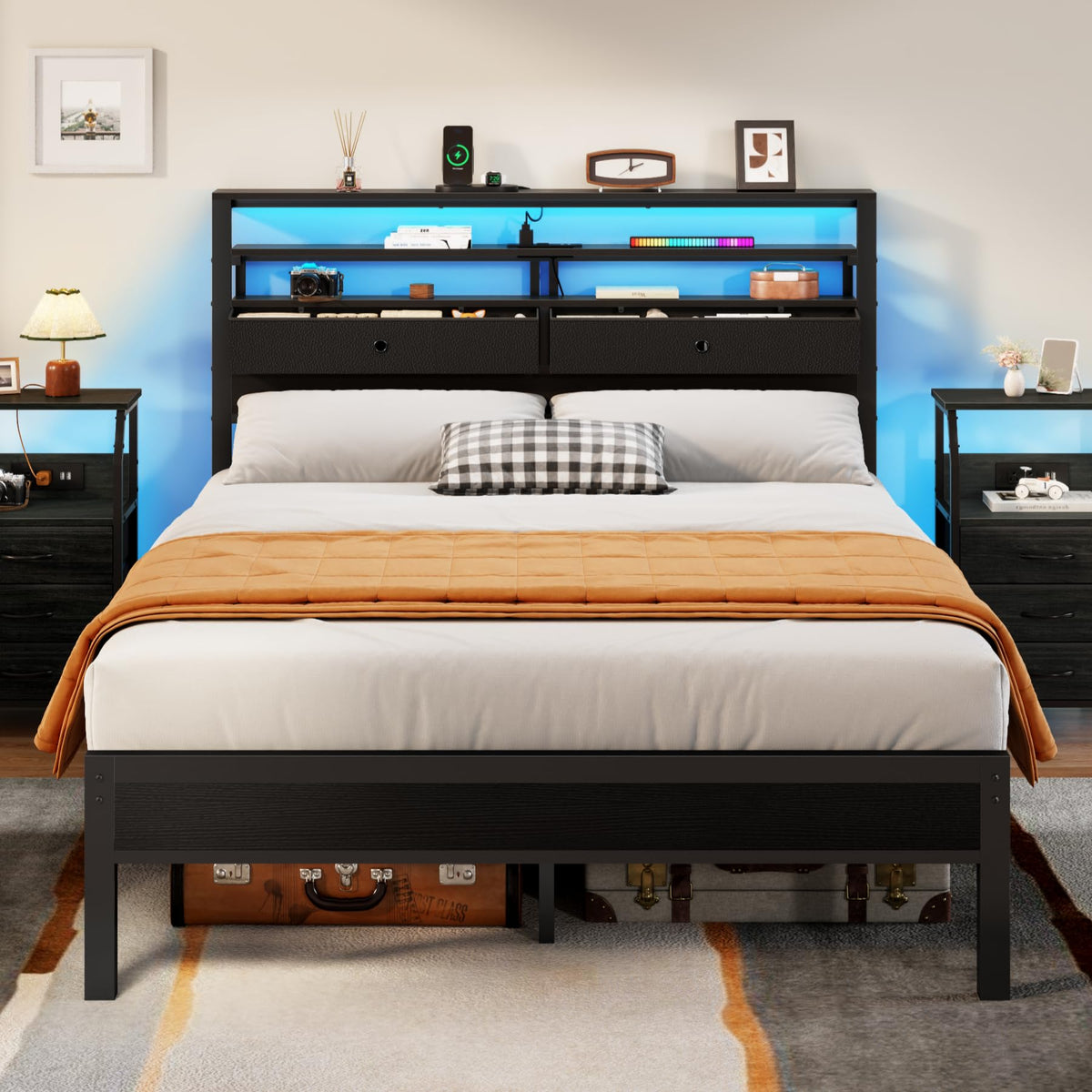 Full Size Bed Frame with Headboard & 2 Fabric Drawers B968