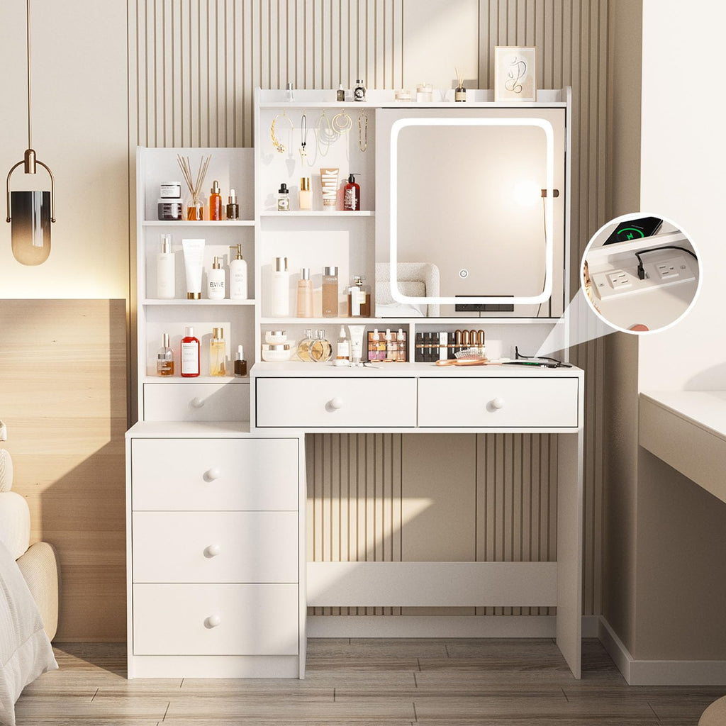 White Vanity Desk with Lighted Mirror and 6 Drawers J649119