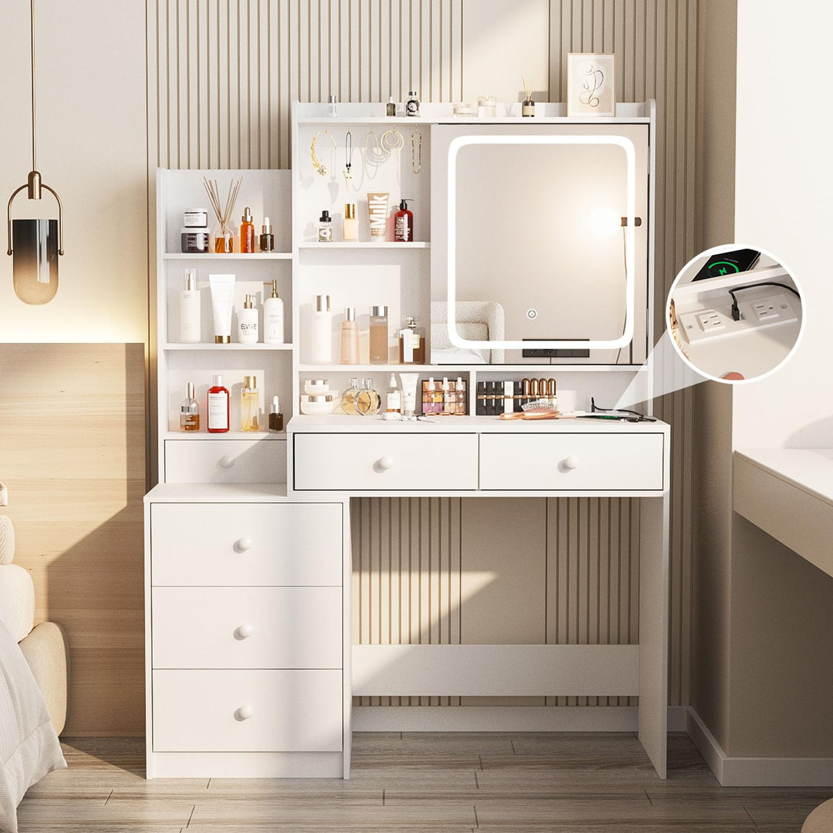 White Vanity Desk with Lighted Mirror and 6 Drawers J649119
