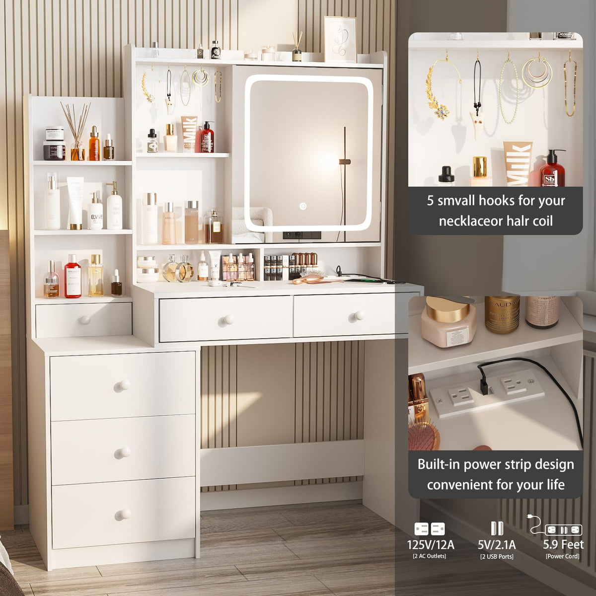 White Vanity Desk with Lighted Mirror and 6 Drawers J649119