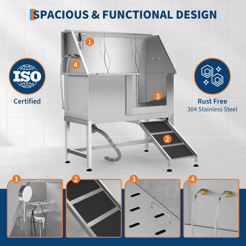 50 Inch Stainless Steel Dog Washing Station with Non-Slip Ramp B699713