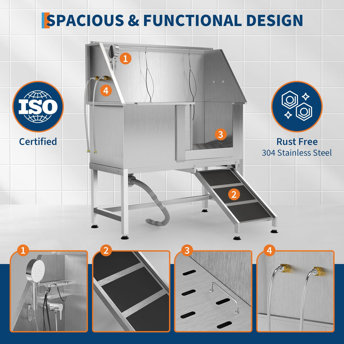 50 Inch Stainless Steel Dog Washing Station with Non-Slip Ramp B699713