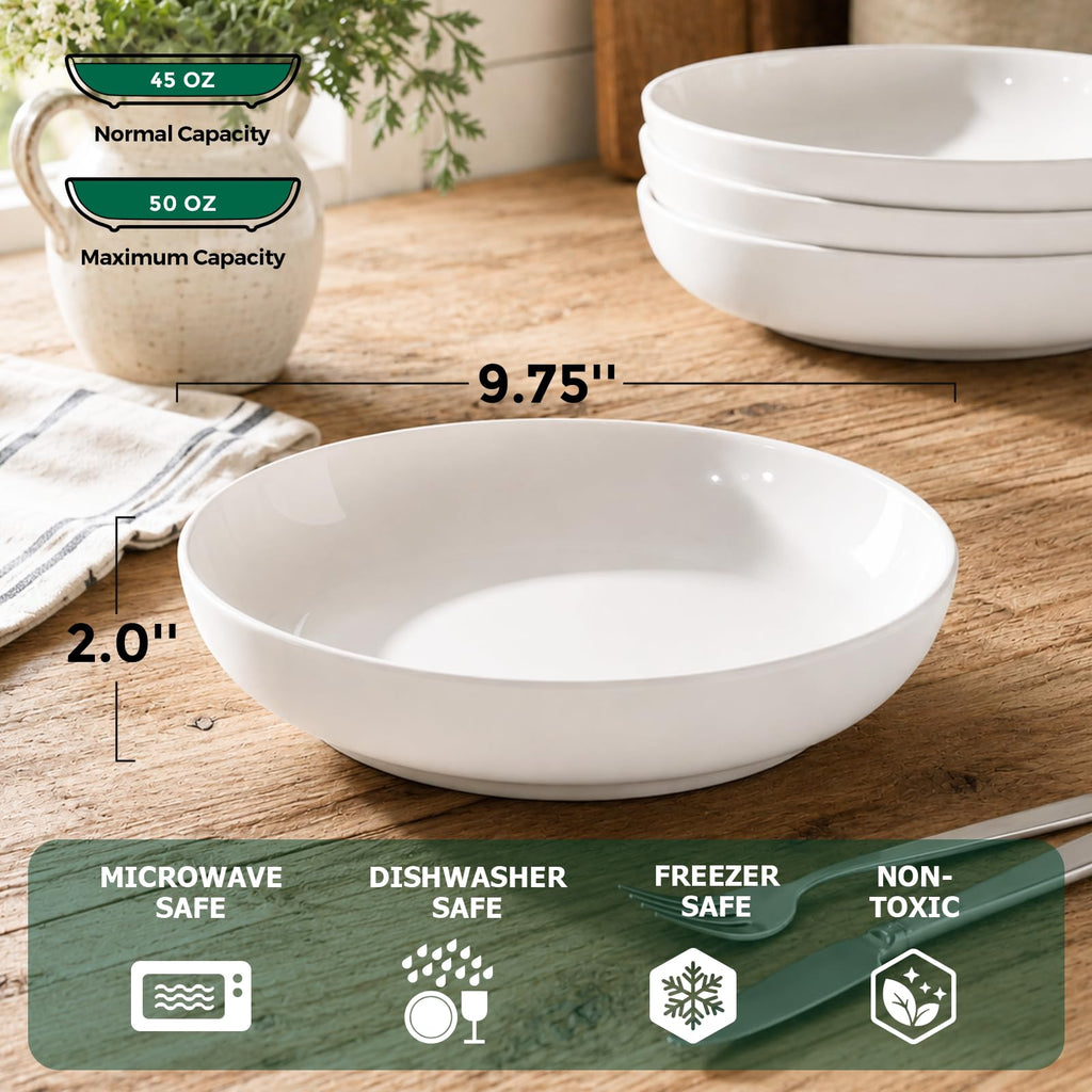 9.75" 50 Ounces Ceramic Pasta Bowls Set of 4 White R64701