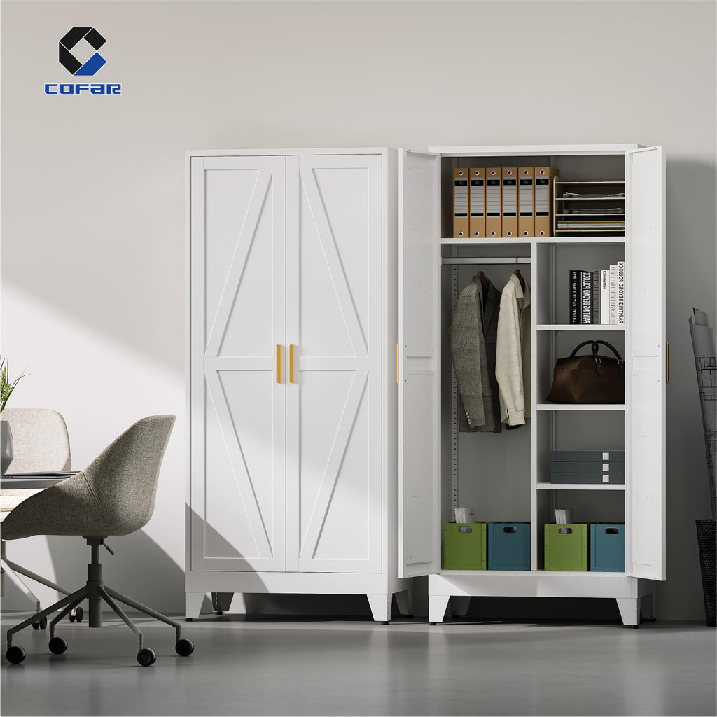 Metal Wardrobe Closet with Doors, 71'' Tall Steel Armoire with Shelves N69625