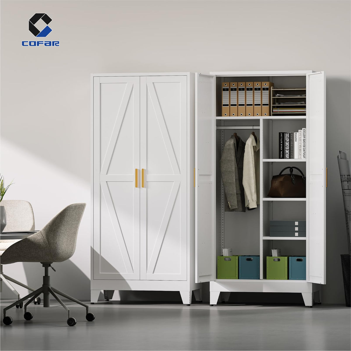 Metal Wardrobe Closet with Doors, 71'' Tall Steel Armoire with Shelves N69625