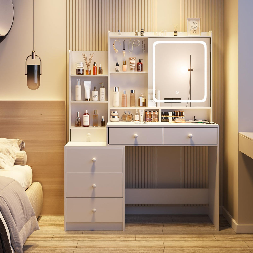 White Vanity Desk with Lighted Mirror and 6 Drawers J649119