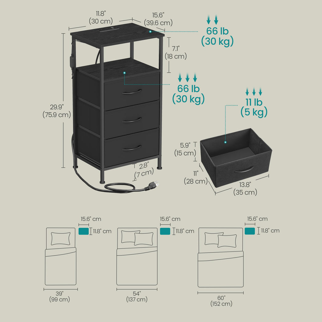 Nightstand with Charging Station, 3 Fabric Drawers Y571403