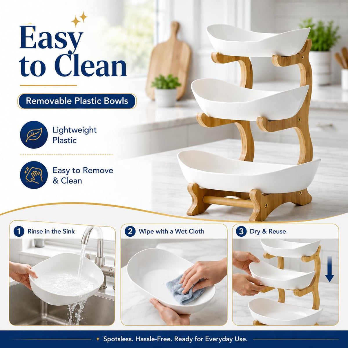 3-Tier Plastic Fruit Bowl Basket with Bamboo Stand L40519