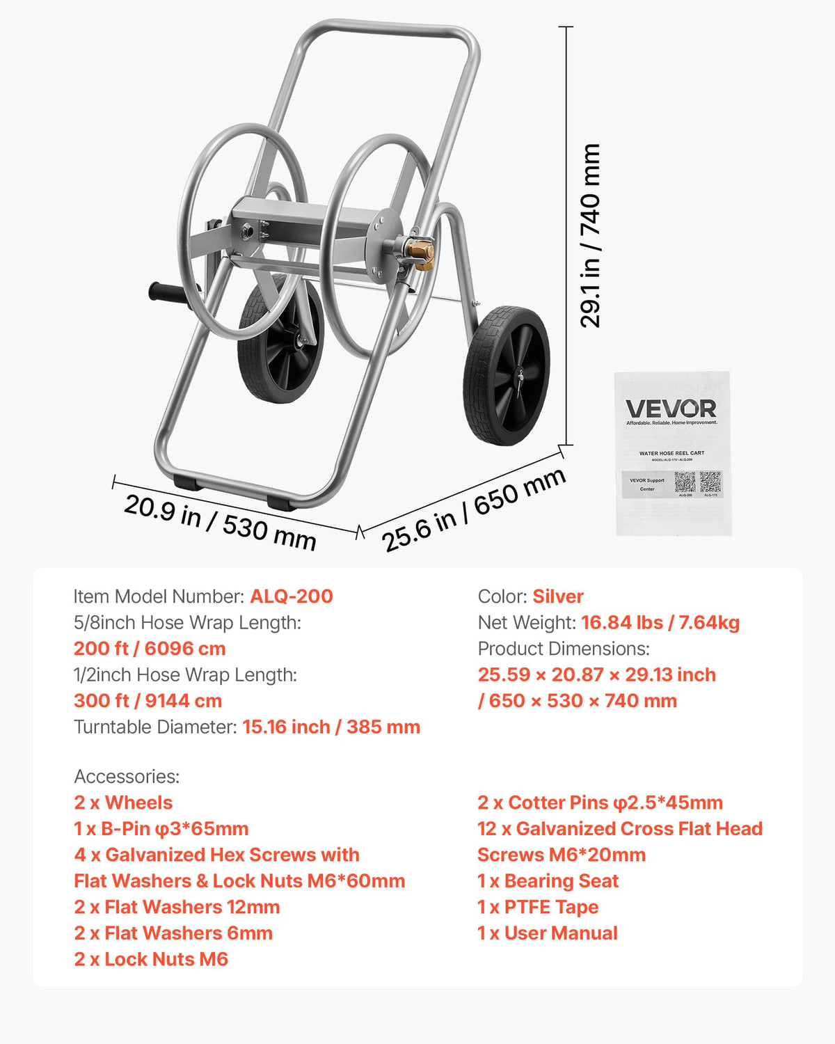 200/300 ft Garden Hose Reel Cart with Two Wheels Y354275