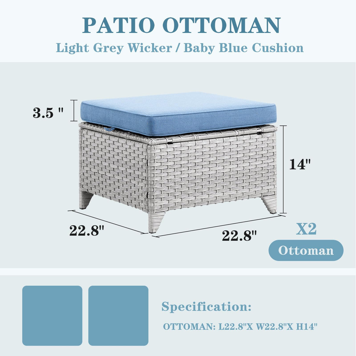 Wicker Outdoor Ottomans Set of 2 Handwoven Rattan Footstools with Removable Cushions C414963