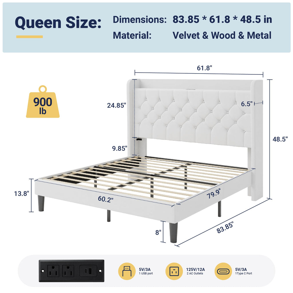 Queen Bed Frame with Storage Headboard and Charging Station A97701