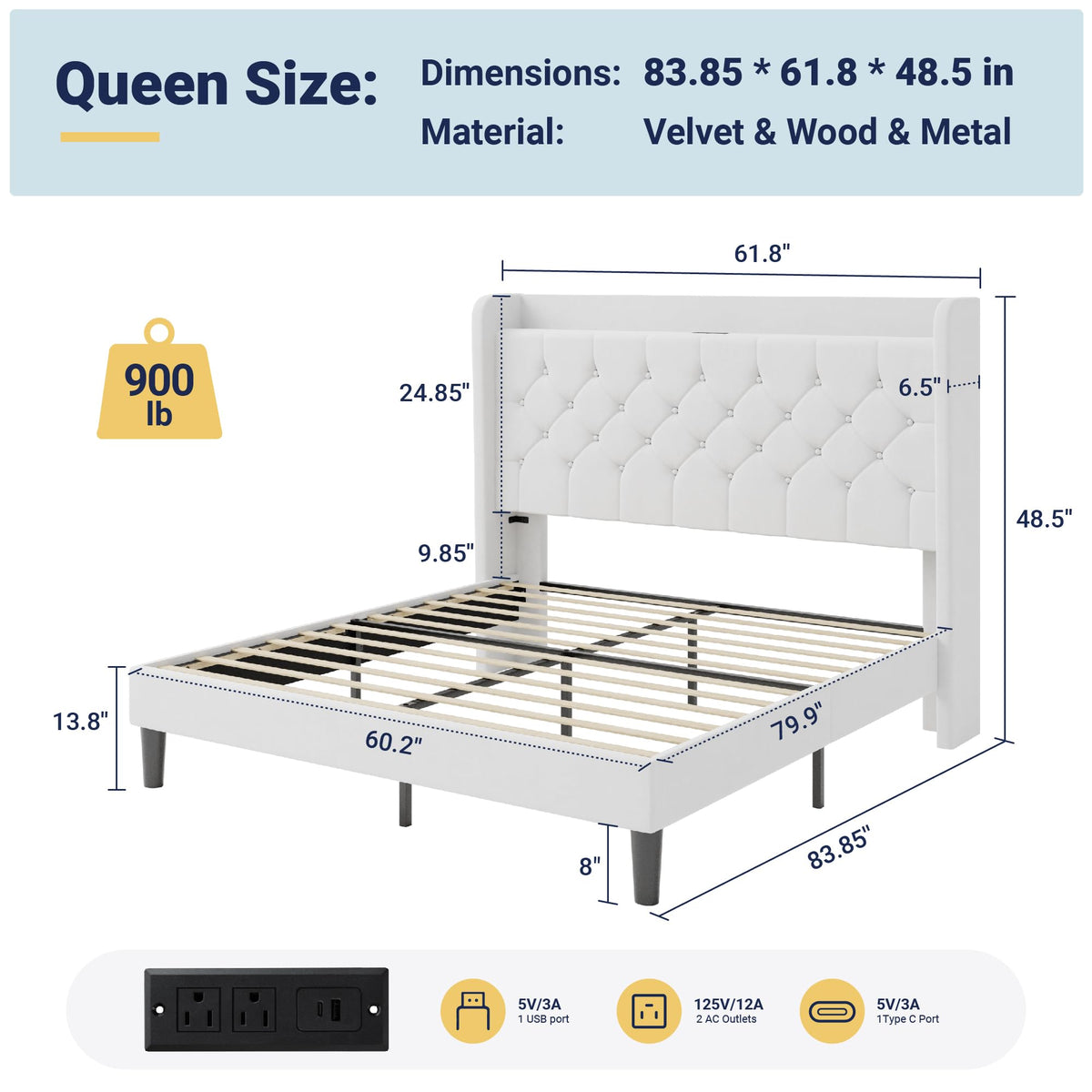 Queen Bed Frame with Storage Headboard and Charging Station A97701