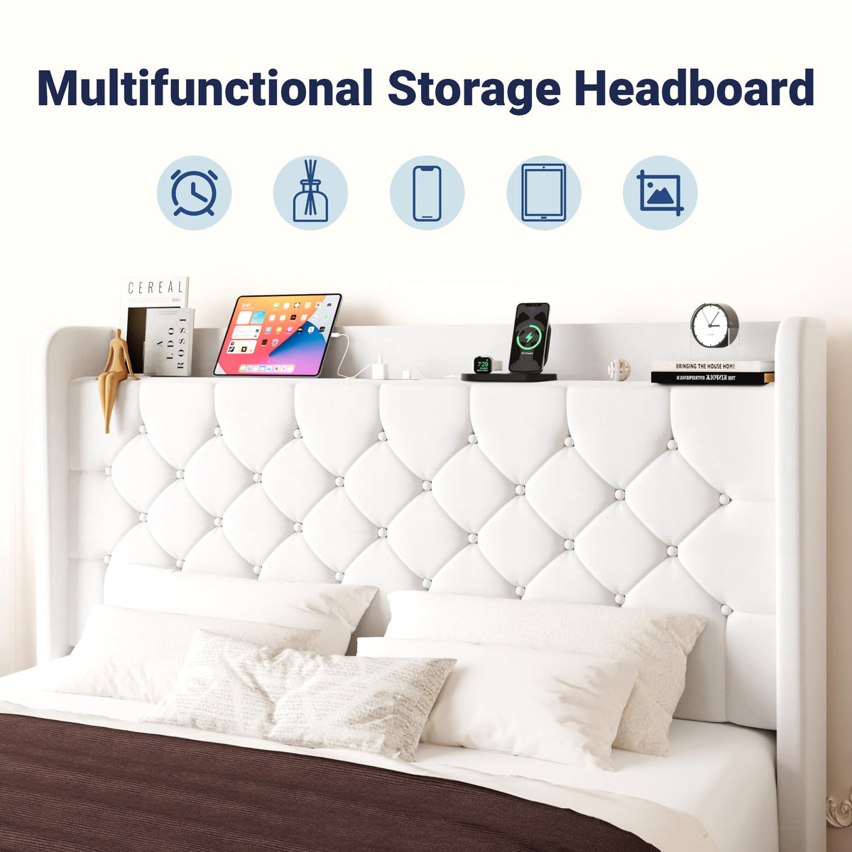 Queen Bed Frame with Storage Headboard and Charging Station A97701
