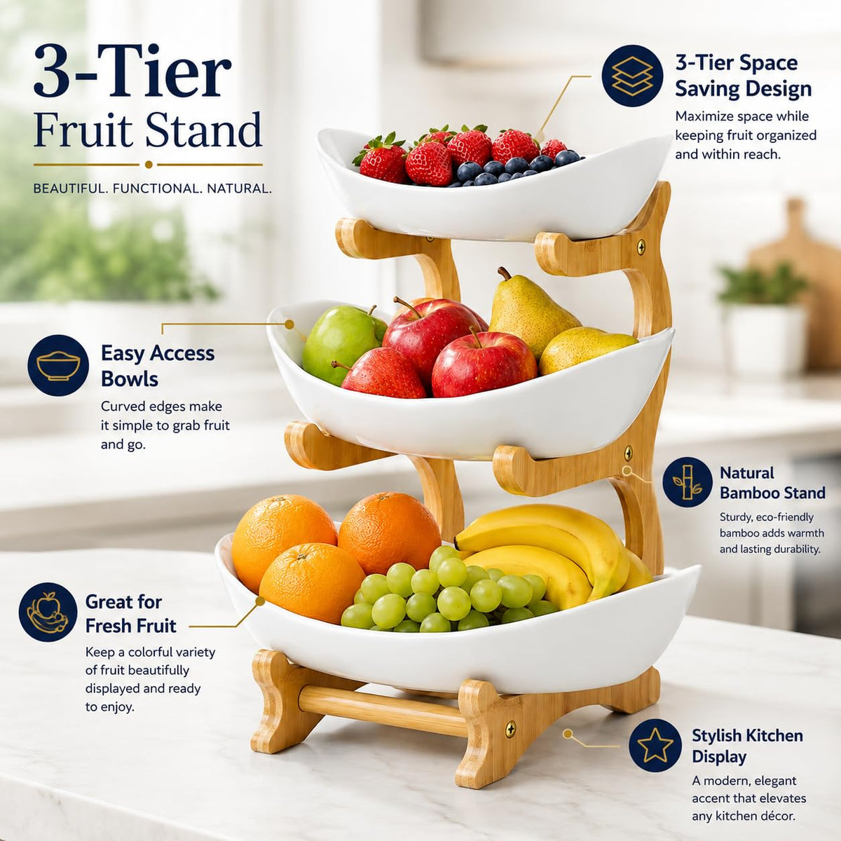 3-Tier Plastic Fruit Bowl Basket with Bamboo Stand L40519