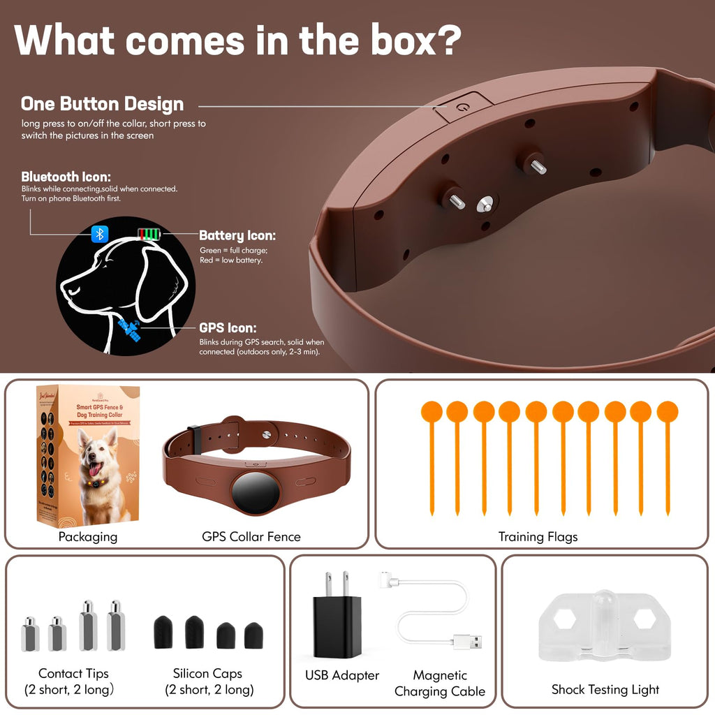 Wireless Dog Fence Collar, 64-3280ft Adjustable, Rechargeable IP7 Waterproof, Brown F5723