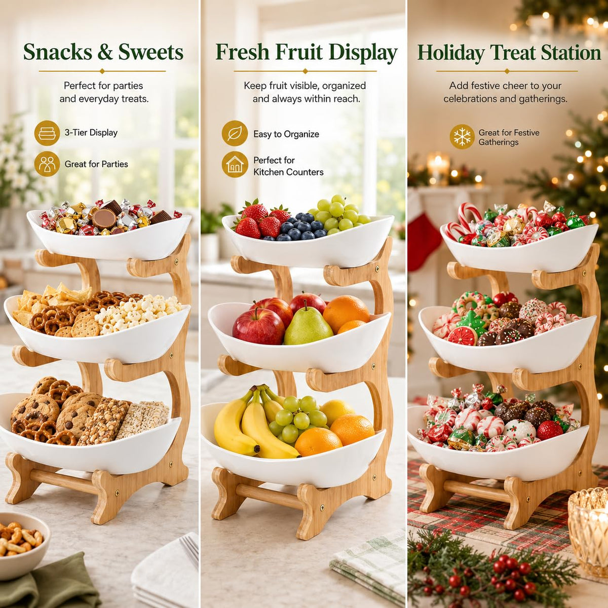 3-Tier Plastic Fruit Bowl Basket with Bamboo Stand L40519
