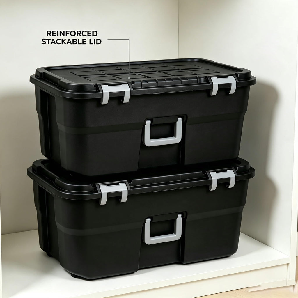 2 Pack 22 Gallon Black Wheeled Lockable Plastic Storage Trunk A299655