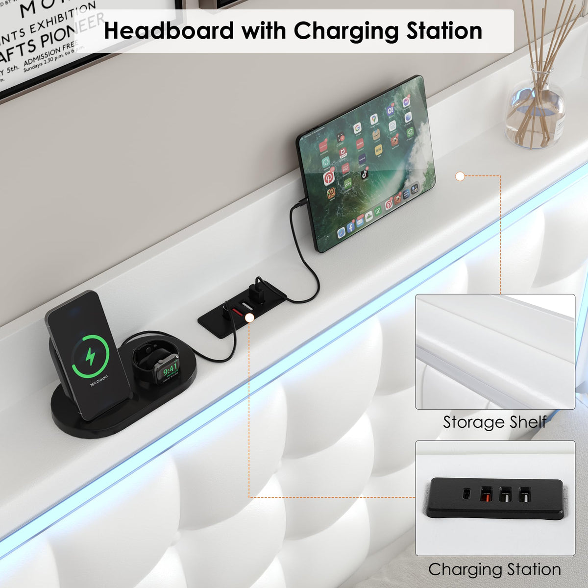 Queen Floating Bed Frame with Storage Headboard, LED Lights & Charging Station M5895
