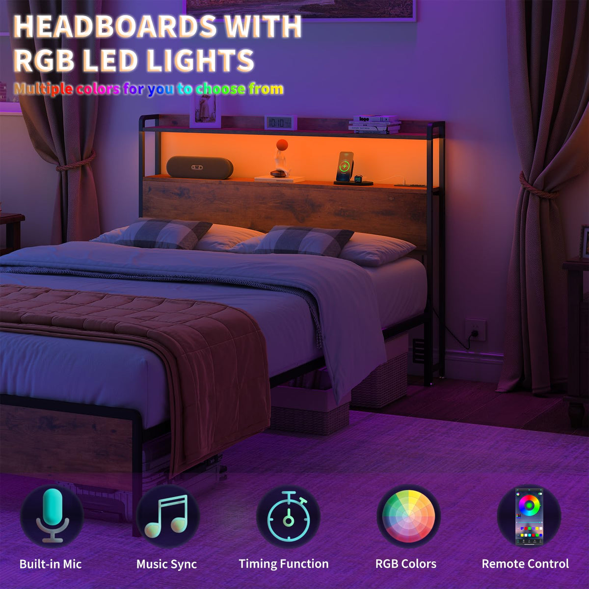 Adjustable Full Size Headboard with Outlets USB Ports Type-C LED Lights and Storage Rustic Brown Q683