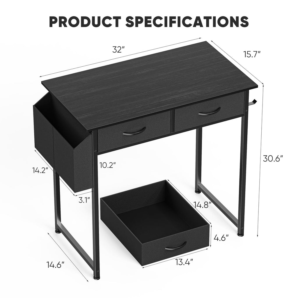 32" Black Computer Desk with Drawers J611566