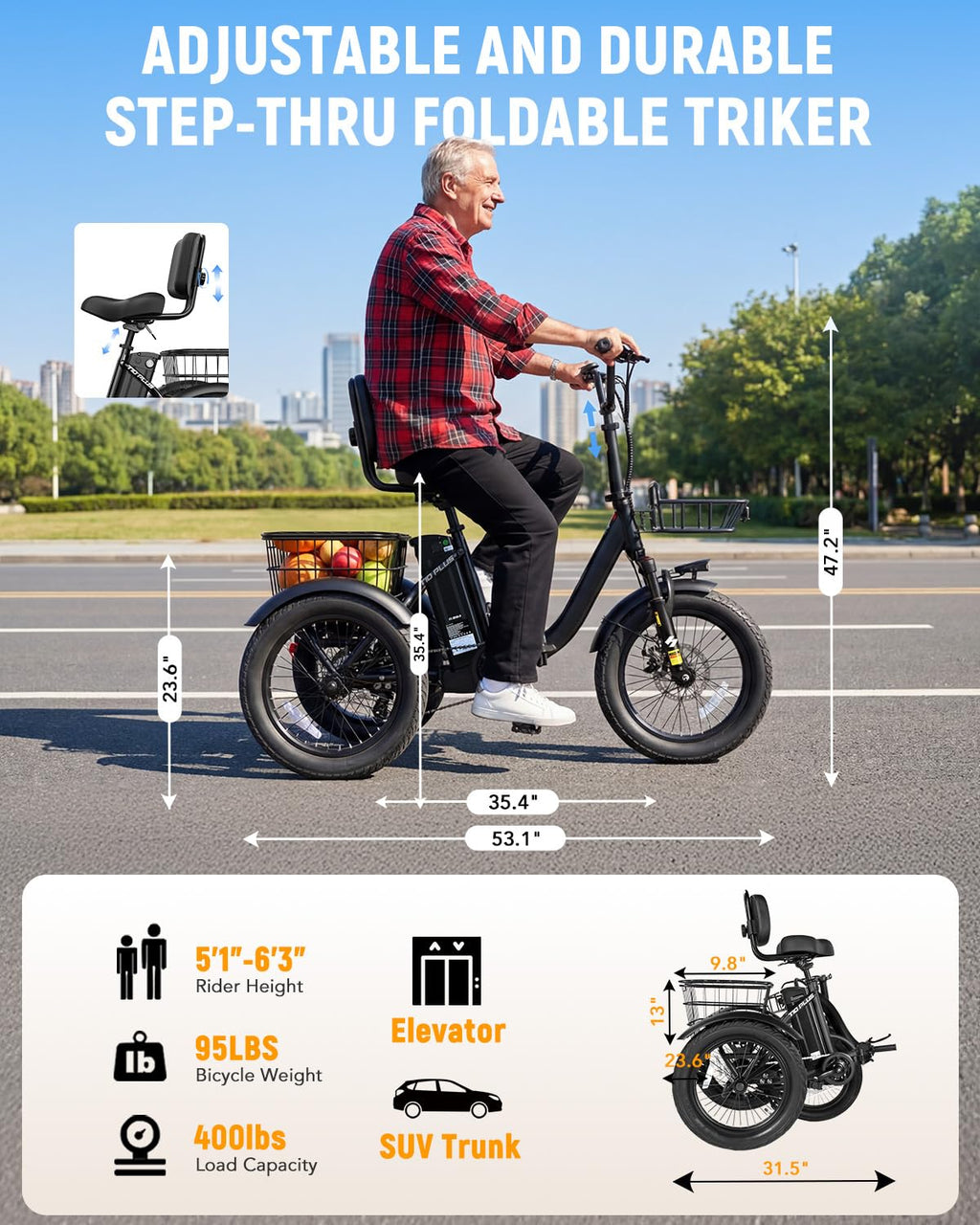 1200W Folding 3 Wheel Electric Trike Bike P46170