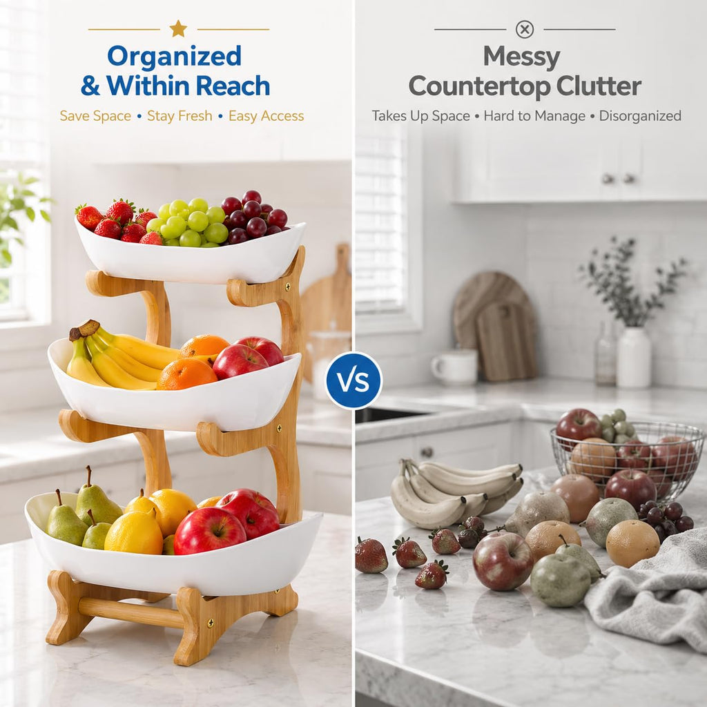 3-Tier Plastic Fruit Bowl Basket with Bamboo Stand L40519