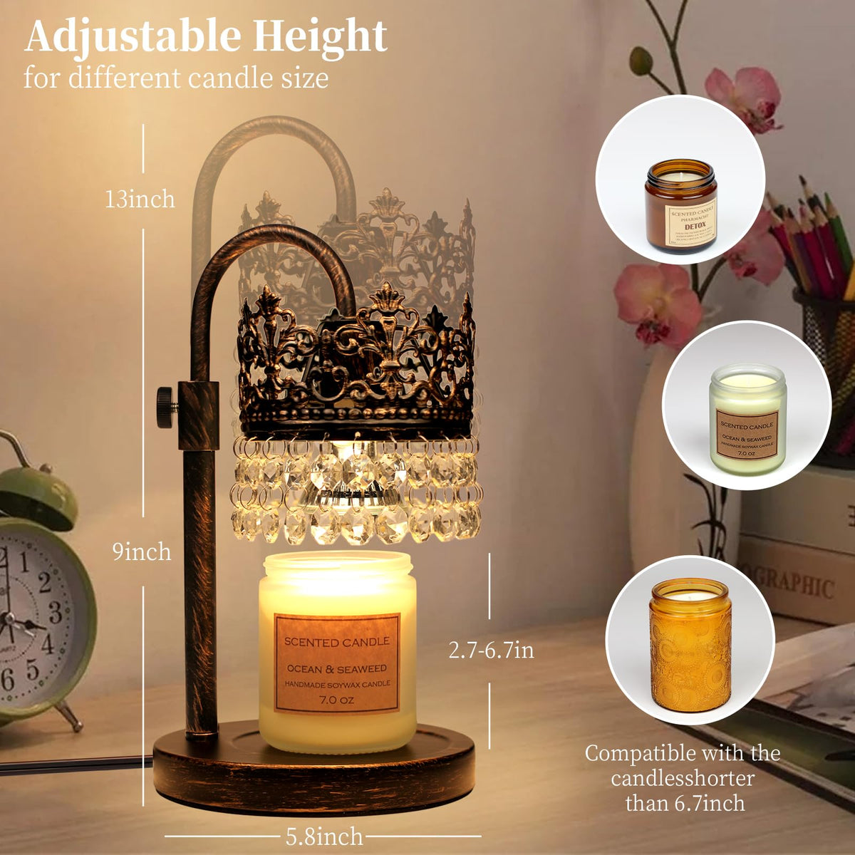 Candle Warmer Lamp with Timer Dimmer Adjustable Height Black Gold Brushed X50479