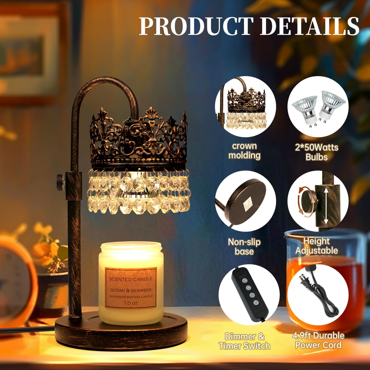 Candle Warmer Lamp with Timer Dimmer Adjustable Height Black Gold Brushed X50479