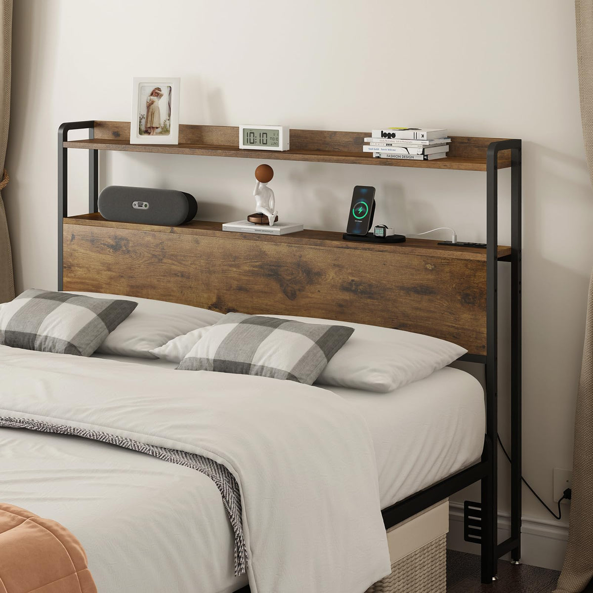 Adjustable Full Size Headboard with Outlets USB Ports Type-C LED Lights and Storage Rustic Brown Q683